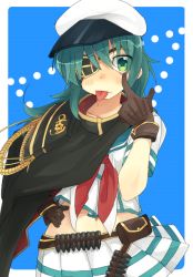 Rule 34 | 10s, 1girl, :p, aiguillette, akanbe, ammunition belt, anchor, cape, eyelid pull, eyepatch, gloves, green eyes, green hair, hand on own hip, hat, kantai collection, kiso (kancolle), kiso kai ni (kancolle), long hair, looking at viewer, matching hair/eyes, midriff, nakagomiyuki415, neckerchief, pleated skirt, sailor hat, skirt, solo, tongue, tongue out