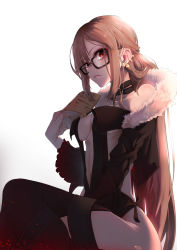 Rule 34 | 1girl, bare shoulders, black dress, book, breasts, brown hair, center opening, choker, cleavage, collarbone, commentary, crossed legs, dress, earrings, english commentary, fate/grand order, fate (series), fur trim, glasses, hair between eyes, highres, holding, holding book, jewelry, kidmukuro, long hair, looking at viewer, medium breasts, navel, parted lips, red eyes, sideboob, sidelocks, simple background, sitting, solo, strapless, strapless dress, thighs, very long hair, white background, yu mei-ren (fate)