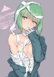 Rule 34 | 1girl, ai (kaitou joker), bandages, bare shoulders, blazer, breasts, buttons, cleavage, clothes pull, dark eye, gloves, green eyes, green hair, grey background, hand to own mouth, jacket, kaitou joker, long sleeves, looking at viewer, matching hair/eyes, natsuhiko, no bra, off shoulder, open clothes, open jacket, parted lips, shirt pull, short hair, simple background, sleeves past wrists, solo, spade, unbuttoned, upper body, white gloves