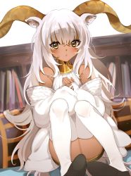 1girl, :o, absurdres, animal ears, arknights, bangs, bare shoulders, beeswax (arknights), black footwear, bookshelf, commentary, dark-skinned female, dark skin, english commentary, eyebrows visible through hair, eyelashes, full body, goat ears, goat girl, goat horns, hand on own chest, highres, horns, indoors, long hair, looking at viewer, off shoulder, open mouth, pencilanon, sidelocks, sitting, sleeves past wrists, solo, very long hair, white background, white hair, white legwear, white sleeves, yellow eyes