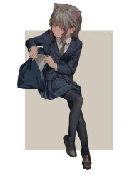 Rule 34 | 1girl, absurdres, animal ears, bag, black pantyhose, blue bag, blue jacket, blue skirt, border, borrowed character, brown background, brown footwear, cat ears, closed mouth, collared shirt, feiqizi (fkey), full body, grey hair, grey necktie, highres, holding, holding bag, invisible chair, jacket, kofi-mo, loafers, long hair, long sleeves, looking at viewer, miniskirt, necktie, original, outside border, pantyhose, pleated skirt, school uniform, shirt, shoes, shoulder bag, sitting, skirt, solo, white border, white shirt
