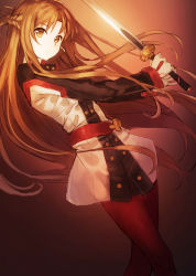Rule 34 | &gt;:(, 10s, 1girl, asuna (sao), belt, brown eyes, brown hair, closed mouth, cowboy shot, dress, from side, frown, half updo, holding, holding sword, holding weapon, long hair, long sleeves, looking at viewer, looking to the side, pantyhose, parted bangs, red pantyhose, ryokucha manma, serious, sidelocks, solo, sword, sword art online, sword art online the movie: ordinal scale, v-shaped eyebrows, very long hair, weapon