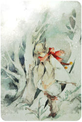 Rule 34 | 1boy, bell, forest, grey eyes, horns, kface, long sleeves, male focus, nature, original, painting (medium), plant, scarf, short hair, solo, traditional media, tree, watercolor (medium), white hair