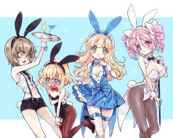 Rule 34 | 4girls, animal ears, black bow, black bowtie, black hairband, black leotard, black necktie, black shorts, blonde hair, blue background, blue dress, blue eyes, blue hairband, blush, bow, bowtie, breasts, cane, cleavage, closed mouth, commentary request, dress, drill hair, embarrassed, fake animal ears, fake tail, fishnet thighhighs, fishnets, green eyes, groin, hair ornament, hair ribbon, hairband, high heels, jashin-chan dropkick, large breasts, leotard, lierre, long hair, looking at viewer, midriff, multiple girls, navel, necktie, open mouth, pantyhose, pekora (jashin-chan dropkick), pink eyes, pink hair, pino (jashin-chan dropkick), playboy bunny, poporon (jashin-chan dropkick), rabbit ears, rabbit tail, red bow, red bowtie, ribbon, short hair, shorts, simple background, small breasts, smile, suspender shorts, suspenders, tail, tears, thighhighs, traditional bowtie, twin drills, white background, white hairband, white leotard, yellow eyes, yukiwo