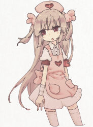 Rule 34 | &gt; &lt;, 1girl, akichi 33, apron, armband, arms at sides, bandaged wrist, bandages, blush, collared dress, cropped legs, dress, hair ornament, hat, heart, heart print, light brown hair, long hair, looking to the side, natori sana, nurse cap, open mouth, pink apron, pink hat, pocket, puffy short sleeves, puffy sleeves, rabbit hair ornament, red armband, red eyes, sana channel, short sleeves, solo, standing, thighhighs, two side up, very long hair, virtual youtuber, white dress, white thighhighs