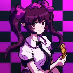 Rule 34 | 1girl, black necktie, brown hair, cellphone, checkered background, closed mouth, collared shirt, flip phone, frilled shirt collar, frills, hair ribbon, hat, heart, highres, himekaidou hatate, holding, holding phone, long hair, necktie, phone, pink hat, pink ribbon, puffy short sleeves, puffy sleeves, red eyes, ribbon, shirt, short sleeves, smile, solo, tokin hat, touhou, twintails, white shirt, zawabug