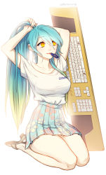 Rule 34 | 1girl, adjusting hair, alternate costume, alternate hairstyle, bad id, bad pixiv id, blonde hair, blue eyes, blue hair, breasts, character name, floral print, hsn4444, large breasts, league of legends, long hair, looking away, mouth hold, multicolored hair, pleated skirt, ponytail, sandals, seiza, shirt, sitting, skirt, solo, sona (league of legends), two-tone hair, very long hair, white shirt