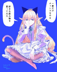 Rule 34 | 1girl, absurdres, animal ear hairband, animal ears, apron, black pantyhose, blue background, cat ears, collared dress, commentary request, crossed legs, dated, dress, ear piercing, elf, expressionless, fake animal ears, full body, green ribbon, hairband, highres, long hair, long sleeves, maid apron, neck ribbon, no shoes, orange eyes, orange hair, pantyhose, parted lips, piercing, pointy ears, purple dress, ribbon, serie (sousou no frieren), simple background, sitting, solo, sousou no frieren, speech bubble, tail, translation request, twitter username, white apron, yuri kyanon