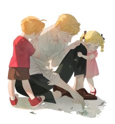 Rule 34 | 1girl, 2boys, :o, age difference, ahoge, alchemy, alphonse elric, backlighting, belt, black pants, black ribbon, blonde hair, blue eyes, blue flower, blush, blush stickers, braid, brother and sister, brown footwear, brown shorts, buttons, chalk, closed eyes, collared shirt, dress, dress shirt, eyelashes, fingernails, flower, fullmetal alchemist, hair ribbon, hand on own knee, leaf, leaning, leaning forward, looking at another, looking down, magic circle, mary janes, multiple boys, on ground, own hands together, p0ckylo, pants, parted lips, pink dress, profile, puffy short sleeves, puffy sleeves, red footwear, red shirt, ribbon, shirt, shoes, short sleeves, shorts, siblings, simple background, sitting, sneakers, socks, standing, surprised, swept bangs, talking, twin braids, uncle and nephew, uncle and niece, white background, white legwear, white shirt, wide-eyed
