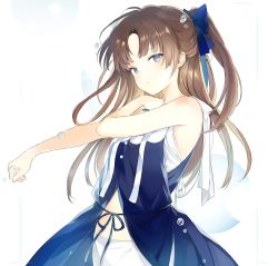 Rule 34 | 1girl, bare shoulders, blue bow, blue dress, blue eyes, bow, brown hair, dress, hair bow, looking at viewer, lpip, original, ponytail, simple background, sleeveless, sleeveless dress, solo, upper body, white background