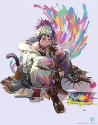Rule 34 | 1boy, cat tail, facial mark, final fantasy, final fantasy xiv, hand on own face, highres, looking at viewer, male focus, miqo&#039;te, mogi yuusuke, official art, paint, paintbrush, pictomancer (final fantasy), purple hair, simple background, sitting, sketchbook, smile, tail, warrior of light (ff14)
