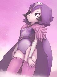 Rule 34 | 1girl, bandaged arm, bandages, belt, black eyes, black hair, bob cut, breasts, breasts apart, cape, cartoon network, clitoris, cloak, closed mouth, colored skin, conoghi, cowboy shot, dc comics, female focus, gradient background, grey skin, hood, hood up, hooded cloak, hoodie, jewelry, leotard, looking afar, looking up, pink background, pink thighhighs, purple cloak, purple leotard, raven (dc), short hair, simple background, skinny, small breasts, solo, standing, superhero costume, teen titans, teen titans go!, thighhighs, uncensored