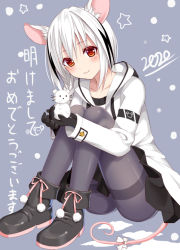 Rule 34 | 1girl, 2020, animal ear fluff, animal ears, black footwear, black gloves, black hair, black skirt, blush, boots, bow, closed mouth, collarbone, commentary request, gloves, grey background, grey pantyhose, hair between eyes, holding, hood, hood down, hooded jacket, jacket, long sleeves, looking at viewer, mouse ears, mouse girl, mouse tail, multicolored hair, new year, original, pantyhose, pleated skirt, red eyes, revision, short hair, sitting, skirt, smile, snowman, solo, star (symbol), streaked hair, tail, tail bow, tail ornament, thighband pantyhose, translation request, tukino neru, white bow, white hair, white jacket