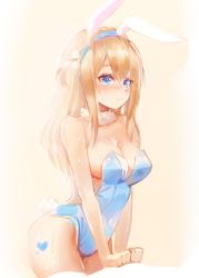 Rule 34 | 1girl, animal ears, bad id, bad pixiv id, bare shoulders, blonde hair, blue eyes, blush, breasts, cleavage, closed mouth, covered navel, dano, fake animal ears, feet out of frame, girls&#039; frontline, leotard, long hair, looking away, medium breasts, one-hour drawing challenge, playboy bunny, rabbit ears, simple background, solo, standing, suomi (girls&#039; frontline), sweat