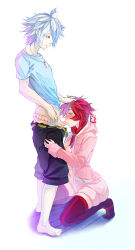 Rule 34 | 1boy, 1girl, bad id, bad pixiv id, barefoot, belt, clothes pull, dog tags, fellatio, hand on head, hetero, highres, kneeling, navel, open belt, open clothes, oral, original, pants, pants pull, penis, pulling another&#039;s clothes, red eyes, red hair, short hair, thighhighs, unbuttoned, uncensored, unfairr, white hair, yellow eyes