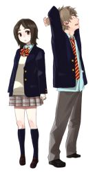 Rule 34 | 1boy, 1girl, arms behind head, arms up, black eyes, black footwear, black pants, black socks, blazer, blue jacket, blush, brown eyes, brown footwear, brown hair, buttons, collared shirt, full body, grey skirt, jacket, kazue kato, kneehighs, loafers, long sleeves, looking away, looking up, necktie, open mouth, original, pants, plaid, plaid skirt, pleated skirt, school, school uniform, shirt, shoes, simple background, skirt, socks, standing, striped necktie, striped neckwear, tareme, unbuttoned, uniform, white background, wing collar