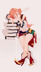 Rule 34 | 1girl, absurdres, bare legs, book, book stack, boots, closed mouth, commentary, darah, detached sleeves, full body, genshin impact, green eyes, grey background, high heels, highres, long hair, looking at viewer, midriff, navel, orange hair, red footwear, red skirt, skirt, smile, solo, twitter username, white sleeves, yanfei (genshin impact)