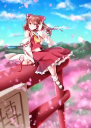 Rule 34 | 1girl, absurdres, black footwear, blue sky, blurry, blurry background, bow, brown eyes, brown hair, bush, cherry blossoms, cloud, day, detached sleeves, floating hair, frilled skirt, frills, full body, hair between eyes, hair bow, hakurei reimu, highres, long hair, long skirt, long sleeves, mary janes, midriff, outdoors, red bow, red ribbon, red shirt, red skirt, ribbon, ribbon-trimmed sleeves, ribbon trim, sea scorpion (umisasori), shirt, shoes, sitting, skirt, sky, sleeveless, sleeveless shirt, smile, solo, sparkle, stomach, touhou, white legwear, white sleeves, yellow neckwear