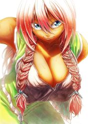Rule 34 | 1girl, blue eyes, braid, breasts, chinese clothes, cleavage, hong meiling, koyubi (littlefinger1988), large breasts, long hair, red hair, scar, shirt, short sleeves, simple background, smile, solo, sweat, touhou, twin braids, white background