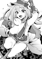 Rule 34 | 1girl, absurdres, arm behind head, arm up, armpits, bare shoulders, blush, blush stickers, breasts, cleavage, collarbone, dark magician girl, duel monster, greyscale, highres, jewelry, large breasts, long hair, looking at viewer, monochrome, neck ring, open mouth, pentacle, poriuretan, smile, solo, thighs, wand, yu-gi-oh!, yu-gi-oh! duel monsters
