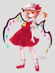 Rule 34 | 1girl, artist name, ascot, blonde hair, blush, chikuwa savy, commentary request, crystal, flandre scarlet, frilled shirt collar, frills, full body, grey background, hair between eyes, hand up, hat, hat ribbon, looking at viewer, mary janes, mob cap, puffy short sleeves, puffy sleeves, red eyes, red footwear, red ribbon, ribbon, shoes, short hair, short sleeves, side ponytail, simple background, socks, solo, standing, touhou, twitter username, white hat, white socks, wings, yellow ascot