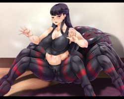 Rule 34 | arachne, arthropod girl, black hair, black shirt, black shorts, covered erect nipples, extra eyes, half updo, indoors, insect girl, jorouyome-chan, kandata nijou, letterboxed, long hair, looking at viewer, monster girl, multiple legs, nipples, original, outstretched arms, parted lips, puffy nipples, shadow, shirt, shorts, solo, spider girl, steam, sweat, taur