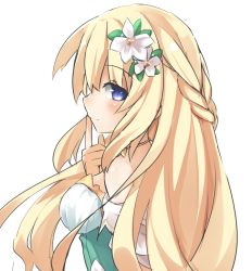 Rule 34 | 1girl, bare shoulders, blonde hair, blue eyes, blush, braid, breasts, finger to mouth, flower, flower request, french braid, hair flower, hair ornament, himajin (starmine), long hair, looking at viewer, looking to the side, medium breasts, neptune (series), profile, simple background, smile, solo, upper body, vert (neptunia), white background