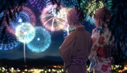 Rule 34 | 2girls, aerial fireworks, aiko (aiko 54), blurry, blurry foreground, blush, braid, brown hair, brown kimono, closed mouth, commentary request, depth of field, ear piercing, earrings, facing away, fingernails, fireworks, floral print, from behind, hair ornament, hand up, highres, japanese clothes, jewelry, kimono, looking at another, looking to the side, mountain, multicolored hair, multiple girls, nail polish, night, night sky, obi, original, outdoors, piercing, print kimono, profile, purple hair, red eyes, red hair, red nails, sash, short hair, sky, streaked hair, striped clothes, striped kimono, vertical-striped clothes, vertical-striped kimono, white kimono