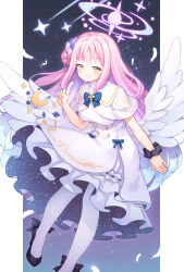 Rule 34 | 1girl, angel wings, bare arms, black footwear, black scrunchie, blue archive, capelet, commentary, dress, feathers, hair bun, halo, high heels, highres, index finger raised, kito (sorahate), long hair, looking at viewer, mika (blue archive), pantyhose, parted lips, pink hair, scrunchie, shoes, single side bun, smile, solo, white capelet, white dress, white pantyhose, wings, wrist scrunchie, yellow eyes