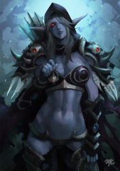 Rule 34 | +21yc (september breeze), 1girl, 21yc (september breeze), armor, arrow (projectile), artist name, bikini armor, blue skin, colored skin, contrapposto, elf, facial mark, gloves, glowing, glowing eyes, highres, jewelry, lipstick, makeup, muscular, necklace, pointy ears, red eyes, shoulder armor, solo, pauldrons, standing, sylvanas windrunner, thighhighs, warcraft, world of warcraft