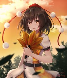 Rule 34 | 1girl, :d, artist name, baileys (tranquillity650), belt, black hair, blurry, blush, brown eyes, cloud, cowboy shot, depth of field, hand fan, hat, highres, holding, holding fan, leaf, leaf fan, looking at viewer, open mouth, orange sky, outdoors, pom pom (clothes), red hat, shameimaru aya, short hair, short sleeves, signature, sky, smile, solo, tokin hat, touhou