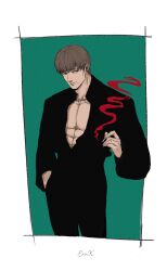 Rule 34 | 1boy, abs, absurdres, bored, bowl cut, brown hair, cigarette, eren kruger, highres, holding, holding cigarette, looking to the side, male focus, mature male, mimi (61743952), pectoral cleavage, pectorals, shingeki no kyojin, short hair, solo, standing, toned, toned male, tsurime, two-tone background