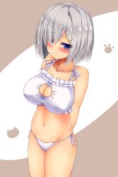 Rule 34 | 10s, 1girl, arms behind back, bare shoulders, blue eyes, blush, bra, breasts, cat cutout, cat ear panties, cat lingerie, cleavage cutout, clothing cutout, collarbone, embarrassed, eyebrows, eyes visible through hair, hair ornament, hair over one eye, hairclip, hamakaze (kancolle), kantai collection, large breasts, looking to the side, meme attire, navel, panties, shiny skin, side-tie panties, skindentation, solo, taut clothes, underwear, underwear only, wavy mouth, white bra, white panties, yahiro (anhnw)