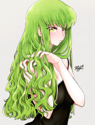 Rule 34 | 1girl, bare shoulders, blush, breasts, c.c., camisole, cleavage, code geass, green hair, grey background, highres, long hair, noppo, parted lips, simple background, solo, wavy hair, yellow eyes