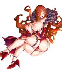 Rule 34 | 1girl, ass, astaroth (taimanin asagi), bare shoulders, breasts, cleavage, curvy, dress, female focus, fingering, fire, grabbing, grabbing another&#039;s breast, highres, huge ass, huge breasts, lilith-soft, long hair, looking at viewer, magic, moaning, naughty face, nipples, no bra, panties, partially visible vulva, piercing, potion (moudamepo), puffy nipples, red hair, shiny skin, sideboob, simple background, smile, solo, taimanin (series), taimanin asagi, taimanin asagi kessen arena, thick thighs, thighs, thong, tongue, tongue out, tongue piercing, underwear, white background, yellow eyes