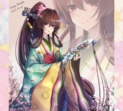 Rule 34 | 1girl, alternate costume, breasts, brown eyes, brown hair, cherry blossoms, flower, hair flower, hair ornament, highres, himeyamato, japanese clothes, kantai collection, karaginu mo, kimono, long hair, looking at viewer, open mouth, ponytail, self-upload, solo, very long hair, yamato (kancolle)