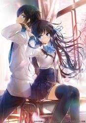 Rule 34 | 1boy, 1girl, ayano kai, ayano sora, back-to-back, black hair, black thighhighs, blue eyes, couple, hatsukoi continue, hetero, highres, holding hands, knees together feet apart, long hair, long sleeves, school uniform, sitting, table, thighhighs, wingheart