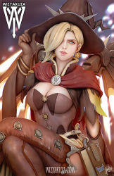 Rule 34 | 1girl, backlighting, blonde hair, blue eyes, blurry, blurry background, bodice, book, breasts, brooch, brown gloves, brown thighhighs, capelet, ceasar ian muyuela, cleavage, commentary, crossed legs, earrings, elbow gloves, gloves, glowing, glowing wings, hair over one eye, halloween costume, hand on headwear, hat, jack-o&#039;-lantern, jack-o&#039;-lantern earrings, jewelry, leather, light particles, light smile, looking at viewer, mechanical wings, medium breasts, mercy (overwatch), official alternate costume, overwatch, overwatch 1, parted lips, pelvic curtain, purple background, red capelet, short sleeves, signature, sitting, solo, thighhighs, upper body, watermark, web address, wings, witch hat, witch mercy, yellow wings