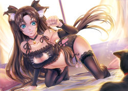 Rule 34 | 1girl, absurdres, all fours, animal ears, arm warmers, bad anatomy, bare shoulders, bell, black cat, black thighhighs, blue eyes, brown hair, cat, cat ears, cat lingerie, clenched hand, collar, fate/stay night, fate (series), highres, indoors, long hair, looking at viewer, meme attire, midriff, mr. j.w, navel, neck bell, on bed, panties, parted lips, paw pose, pillow, solo, thighhighs, tohsaka rin, underwear, very long hair, window