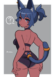 Rule 34 | 1girl, ?, amazu (kurozu), animal ear fluff, animal ears, aoi (amazu), ass, backless leotard, bare arms, bare shoulders, black leotard, blue eyes, blue hair, breasts, cat ears, cat girl, cat tail, closed mouth, dark-skinned female, dark skin, ear piercing, eyebrows hidden by hair, from behind, grey background, leotard, looking at viewer, looking back, original, piercing, ponytail, short eyebrows, signature, small breasts, solo, spoken question mark, tail, thick eyebrows, two-tone background, white background