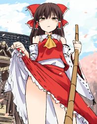 Rule 34 | 1girl, ascot, bow, breasts, brown eyes, brown hair, closed mouth, clothes lift, cloud, convenient censoring, day, detached sleeves, frilled bow, frilled skirt, frills, hair bow, hair tubes, hakurei reimu, holding, legs, miyo (ranthath), outdoors, petals, red bow, ribbon trim, shrine, skirt, skirt hold, skirt lift, sky, solo, touhou, wide sleeves, yellow ascot