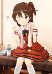 Rule 34 | 10s, 1girl, :d, ;d, bench, boots, bottle, bow, bowtie, brown eyes, brown hair, crown, dress, hair ornament, hairclip, idolmaster, idolmaster million live!, kasuga mirai, knee boots, looking at viewer, nasuna, one eye closed, one side up, open mouth, pentagram, plaid, plaid dress, pointing, prologue rouge (idolmaster), scrunchie, short hair, side ponytail, sitting, smile, solo, star (symbol), tissue, tissue box, towel, towel around neck, unworn crown, water, water bottle, white legwear, wrist cuffs, wrist scrunchie