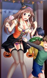 Rule 34 | 1girl, 2boys, :d, assisted exposure, black headwear, black skirt, bow, bow panties, breasts, brown hair, candy, cleavage, clothes lift, detached collar, doukyuusei another world, embarrassed, floating hair, food, game cg, garter belt, grey thighhighs, hairband, halloween costume, hat, holding, kakyuusei, lifting another&#039;s clothes, lollipop, long hair, looking down, medium breasts, mini hat, miniskirt, multiple boys, official art, open mouth, panties, panties over garter belt, purple hairband, purple panties, red eyes, shirt, short sleeves, skirt, skirt lift, smile, thighhighs, underbust, underwear, very long hair, white shirt, witch hat, yuuki mizuho