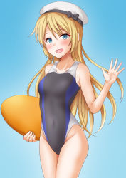 Rule 34 | 1girl, anti (untea9), bare arms, bare legs, bare shoulders, black one-piece swimsuit, blonde hair, blue background, blue eyes, blush, collarbone, competition swimsuit, cowboy shot, groin, hat, highres, holding, jervis (kancolle), kantai collection, long hair, one-piece swimsuit, open mouth, sailor hat, smile, solo, swimsuit, white hat