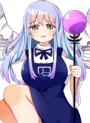 Rule 34 | angel, angel wings, blue dress, blue eyes, blue hair, blue ribbon, blush, breasts, dress, feathered wings, feathers, highres, holding, holding staff, large breasts, long sleeves, looking at viewer, puffy sleeves, ribbon, sariel (touhou), staff, touhou, touhou (pc-98), white wings, wings, zerokosan