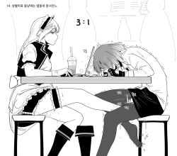 Rule 34 | 2girls, 3others, blush, boots, unworn boots, bridal garter, bubble tea, closed mouth, computer, cup, disposable cup, drinking straw, emotionless sex, female footjob, fingerless gloves, footjob, from side, g36 (girls&#039; frontline), gentiane (girls&#039; frontline), girls&#039; frontline, gloves, greyscale, hairband, holding mouse (computer), huqu, indoors, korean text, laptop, long sleeves, maid headdress, miniskirt, monochrome, mouse (computer), multiple girls, multiple others, open clothes, open vest, pantyhose, profile, public indecency, puffy short sleeves, puffy sleeves, pussy juice, pussy juice trail, short sleeves, single boot, sitting, skirt, stealth sex, stool, table, toe scrunch, torn clothes, torn legwear, translation request, trembling, under table, vest, yuri