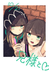 Rule 34 | 1boy, black mask, blunt bangs, blunt ends, blush, bob cut, brick wall, brown hair, bubble tea, closed mouth, drink, drinking straw, dual persona, green eyes, gretel (sinoalice), happy, heart, holding, holding drink, hood, hood up, jacket, long hair, looking at viewer, male focus, mask, mouth mask, open mouth, pout, reality arc (sinoalice), short hair, sigatu r, sinoalice, surgical mask, trap