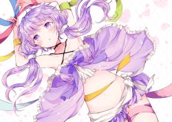 Rule 34 | :o, armpits, arms up, babydoll, bare shoulders, blush, commentary, commentary request, cowboy shot, groin, highres, holding, holding ribbon, jewelry, long hair, looking at viewer, navel, necklace, purple babydoll, purple eyes, ribbon, ribbon trim, short hair with long locks, solo, sotsunaku, stomach, twintails, vocaloid, voiceroid, yuzuki yukari