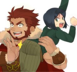 Rule 34 | 2boys, angry, ass, bad id, bad pixiv id, beard, black hair, bob cut, carrying, carrying over shoulder, facial hair, fate/stay night, fate/zero, fate (series), green eyes, iskandar (fate), male focus, multiple boys, parted bangs, red eyes, red hair, shita ppa, shoulder carry, simple background, smile, spanked, spanking, sweat, trap, waver velvet, white background