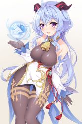 Rule 34 | ahoge, bare shoulders, bell, black gloves, blue hair, blush, breasts, chitosy, detached sleeves, ganyu (genshin impact), genshin impact, gloves, gold trim, highres, horns, large breasts, long hair, looking at viewer, neck bell, orb, purple eyes, sidelocks, simple background, smile, solo, very long hair, vision (genshin impact), white sleeves